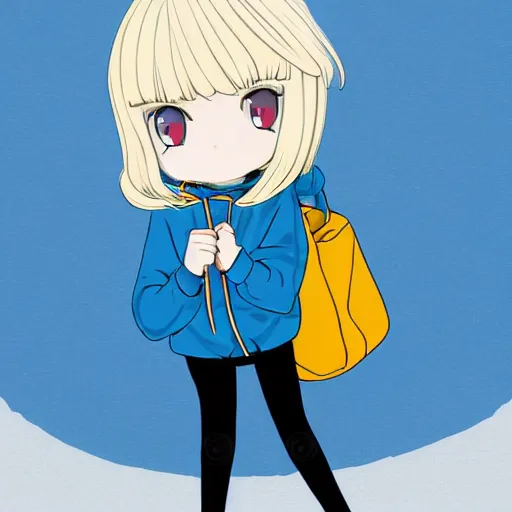 Prompt: a blonde girl in a black hoodie holding a blahaj blue shark plush from ikea, anime style digital art