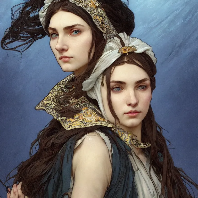 Image similar to Portrait of a Slavic female cleric with kerchief covering her ears. Blue eyes, black hair, porcelain skin, full lips, high slanted cheekbones. Fantasy art by artgerm and greg rutkowski and alphonse mucha, intricate, elegant, highly detailed, dramatic lighting, concept art, illustration, award winning on artstation, D&D, Dungeons and Dragons, Western European.