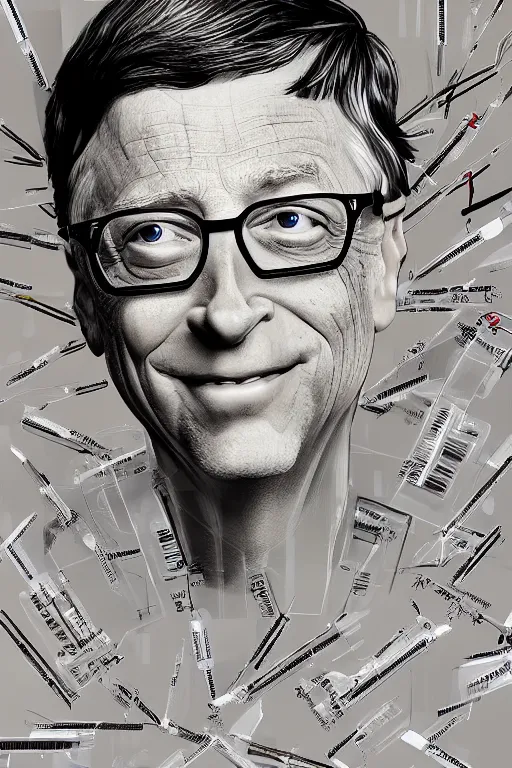 Image similar to bill gates with a barcode on his forehead and dozens of hypodermic needles sticking out of him, concept art, digital art, trending on deviantart