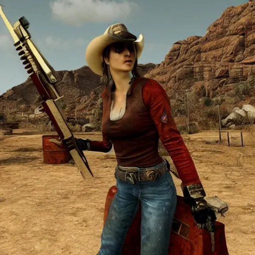 Prompt: a screenshot of alexandra daddario as a fallout cowboy, post - apocalypse in fallout new vegas, 3 d rendering, unreal engine, amazing likeness, very detailed