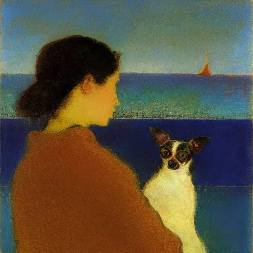 Image similar to a woman and her black and brown chihuahua looking out to sea by odilon redon