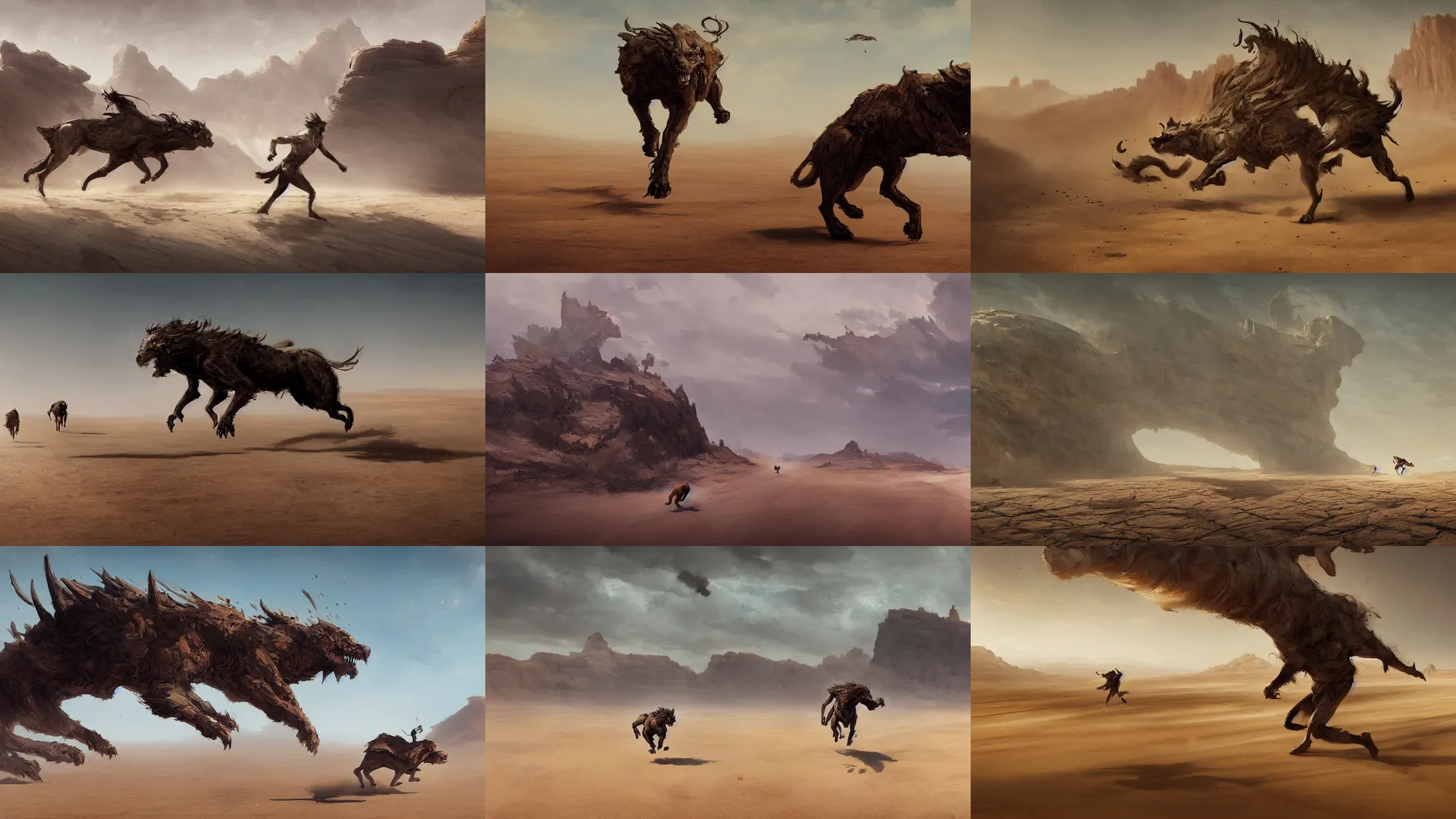 Prompt: beast running across the open desert, empty desert, sand, karst landscape, wide shot, tense fantasy concept art by greg rutkowski