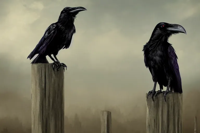 Prompt: a raven sitting on a fence post, grimdark matte fantasy painting, cinematic lighting, DeviantArt Artstation, by Brom and Linda Ravenscroft