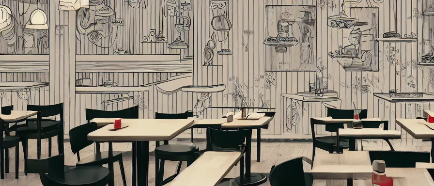 Image similar to a beautiful interior view illustration of a small roasted string hotpot restaurant in yan'an city, restaurant wall paper is a tower on a mountain, rectangle white porcelain table, black chair, animation illustrative style, from china, simple style structure decoration design, victo ngai, james jean, 4 k hd