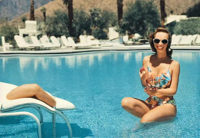 Prompt: Beautiful photogenic retro woman with sunglasses and bikini smiling and relaxing next to a pool in Palm Springs, California, vintage photo, wide shot, depth of field, hyperrealistic, 1960s