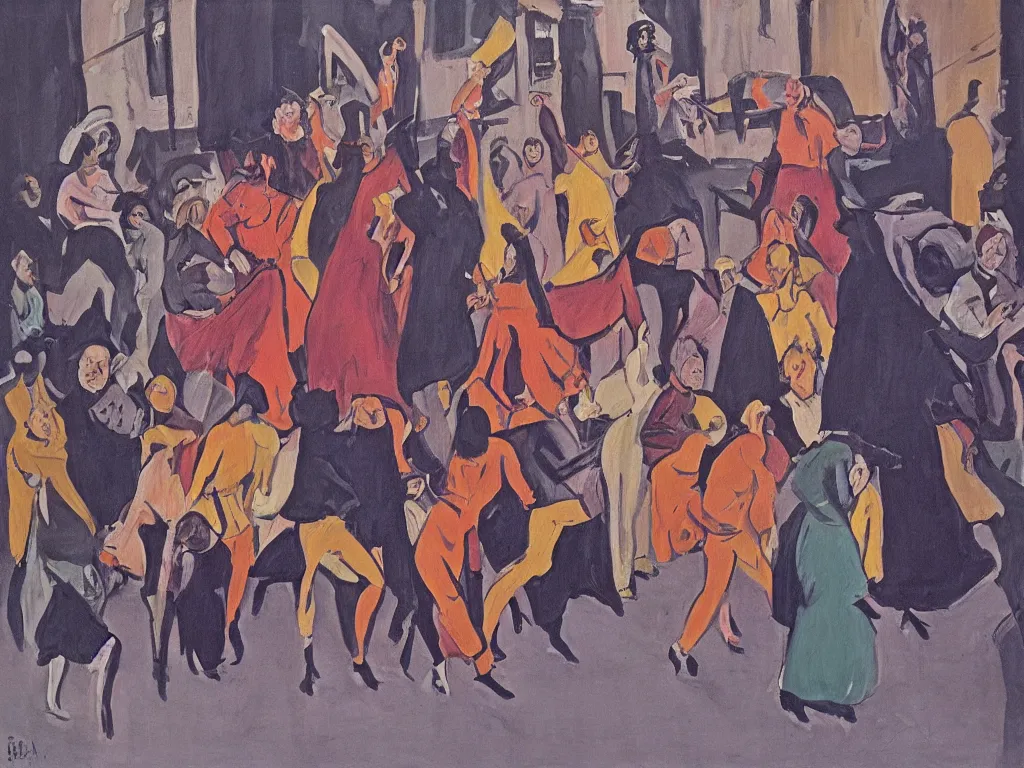 Image similar to woman movement, lisbon city at night, art in the style of paula rego