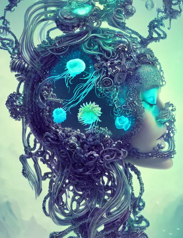 Image similar to goddess macro close - up portrait in crown made of ram skull. betta fish, jellyfish phoenix, bioluminiscent, plasma, ice, water, wind, creature, super intricate ornaments artwork by tooth wu and wlop and beeple and greg rutkowski