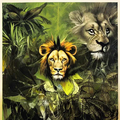 Prompt: lion in the jungle by dave mckean and yoji shinkawa, oil on canvas