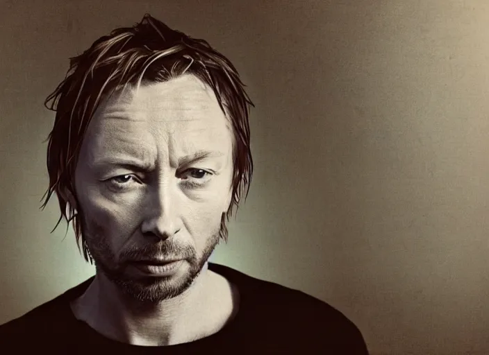 Image similar to photograph of print of thom yorke picture on a table, hyper realistic, variations of thom yorke, forest, high quality photograph, mixed styles, intricate details, diverse colors, deep emotional impact, very wide angle