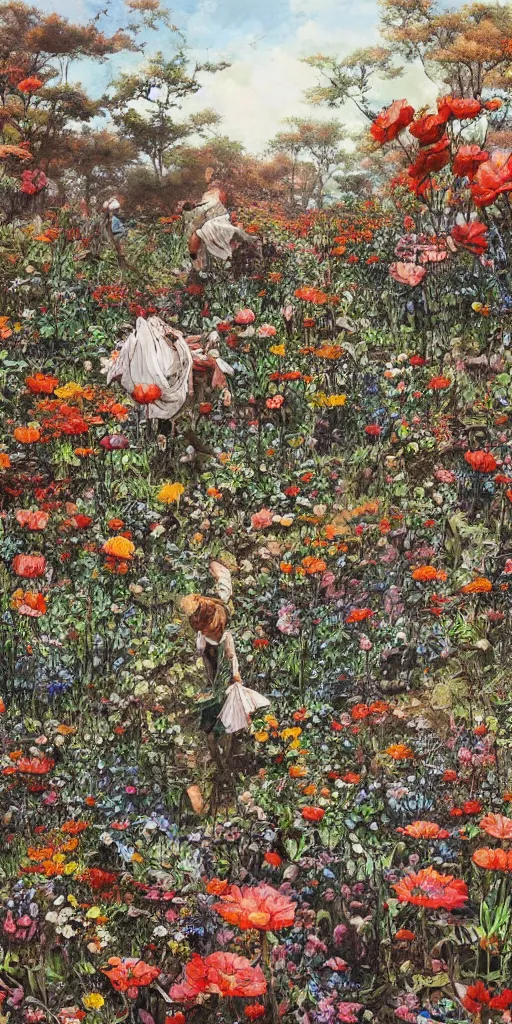 Image similar to oil painting scene from flower fields in the forest by kim jung gi