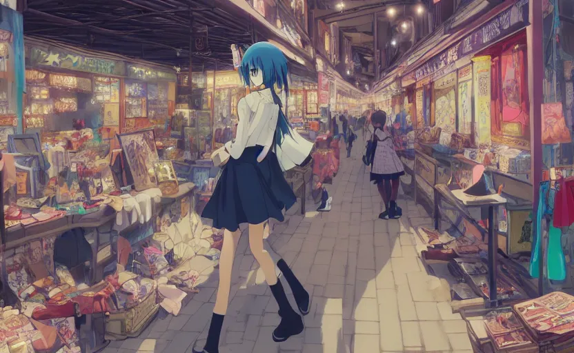 Prompt: An anime girl walking through a flea market, browsing the stalls, anime scenery by Makoto Shinkai, digital art