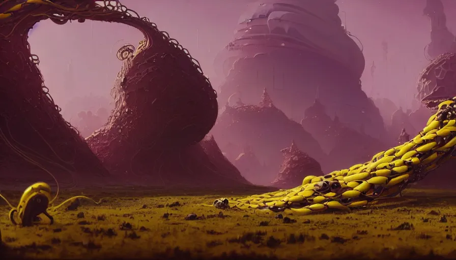 Prompt: highly detailed matte painting of a weird cryptobiological tangled alien landscape by atey ghailan, by greg rutkowski, by greg tocchini, by james gilliard, by joe fenton, purple, brown, black and yellow color scheme, octane render