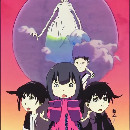 Prompt: an anime film by miyazaki of studio ghibli, of a pastel goth neon rainbow vampire woman learning how to walk in a runway full of weird spirit creatures, old vintage vhs, scan lines, grainy quality, real anime