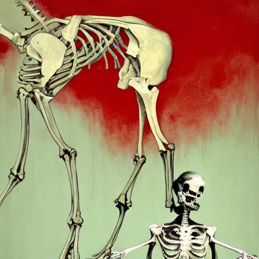 Prompt: dark figure with fungi growing on their back and a large horse skeleton by Francisco Goya and Francis Bacon, vibrant red background, mythological painting, oil painting, triadic color scheme, very coherent, Figure laughing seated on a throne made out of a whale skeleton, Beksinski painting, masterpiece, artstation