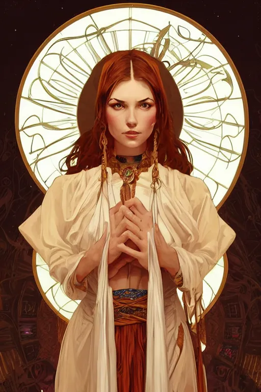 Prompt: high priestess, no noise, elegant, concept art, sharp focus, beautiful face!!, digital art, smooth defined outlines!!, human anatomy, human structure, vector background, by Brom, trending on Artstation, Alphonse Mucha, Tom Bagshaw, Sargent