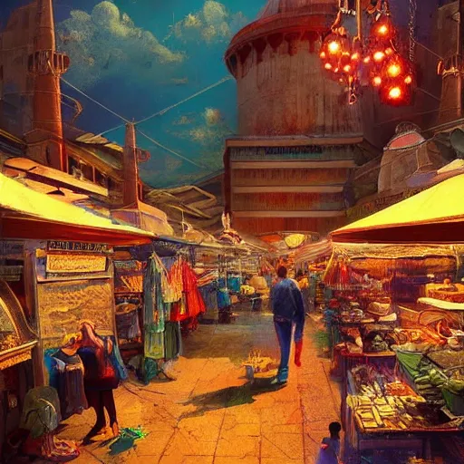 Prompt: flea market in istanbul in the future, beautiful fantasy detailed trending on artstation, oil painting, dramatic lighting, eterea, high quality print, fine art with subtle redshift rendering