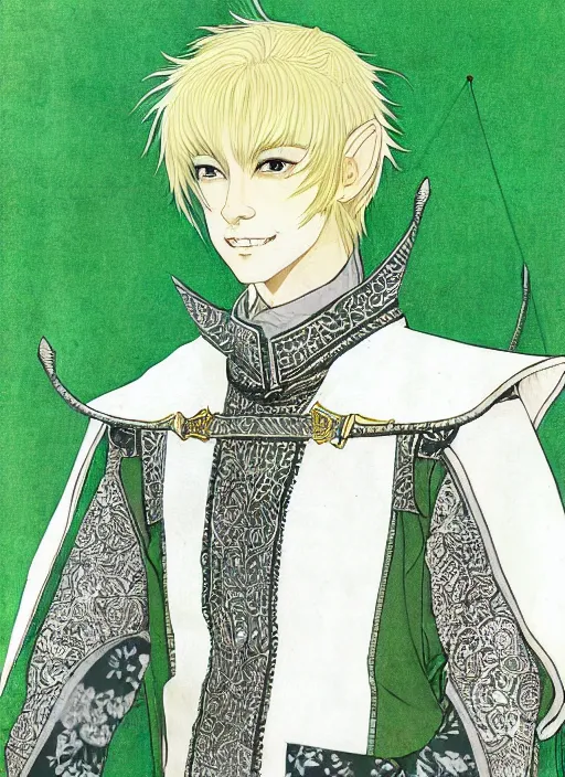 Prompt: half body portrait of a handsome blonde elf male diplomat in green and sliver tunic. detailed, wearing kimono armour, by conrad roset, takato yomamoto, jesper ejsing, masamune shiro