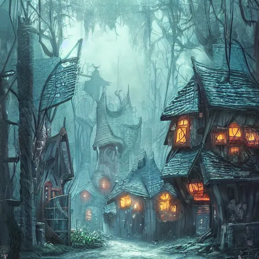 Prompt: A village in fairy tale forest in the style of cyberpunk in the style of dark fantasy art Trending on artstation DeviantArt Pinterest detailed realistic HD 8k High Resolution