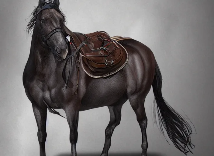 Image similar to concept art of horse with a algie, carrying a saddle bag, digital art, photo realistic, highly detailed