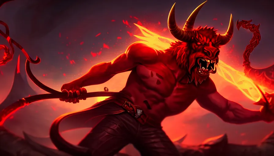 Prompt: league of legends champion splash art of a crimson demonic horned cowboy using a bullwhip with eyes, 8 k digital art, d & d, trending on artstation