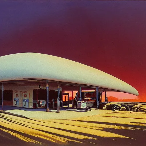 Image similar to painting of syd mead artlilery scifi organic shaped gas station with ornate metal work lands on a farm, fossil ornaments, volumetric lights, purple sun, beksinski