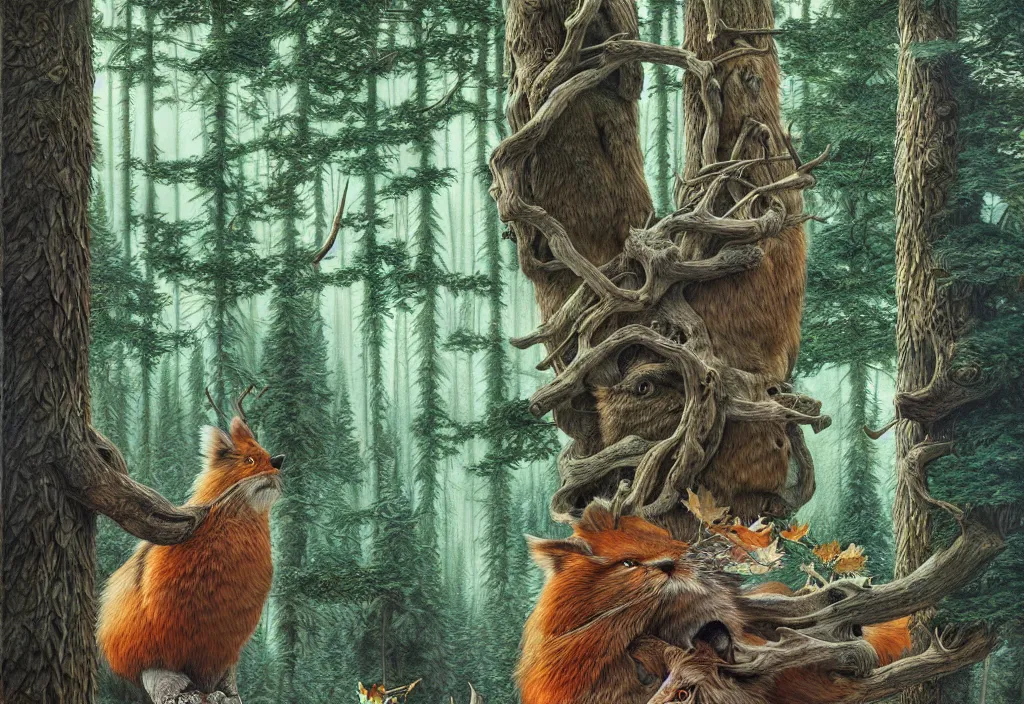 Prompt: bev doolittle hidden animals on the landscape image, bev doolittle high trees, enchanted forest ( hidden animals ) drawing elegant, highly detailed, digital painting, artstation, concept art, matte, sharp focus, illustration, hearthstone, art paolo gheri