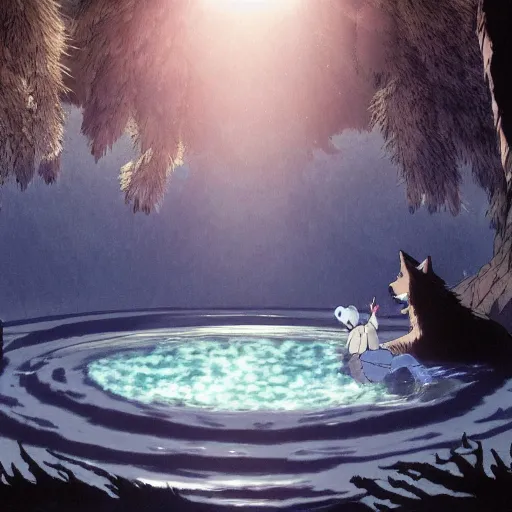 Image similar to a spirit wolf forest drinking water from an illuminated pool, hayao miyazaki, masashi ando, nizou yamamoto, kazuo oga, joe hisaishi, yoji takeshige, naoya tanaka