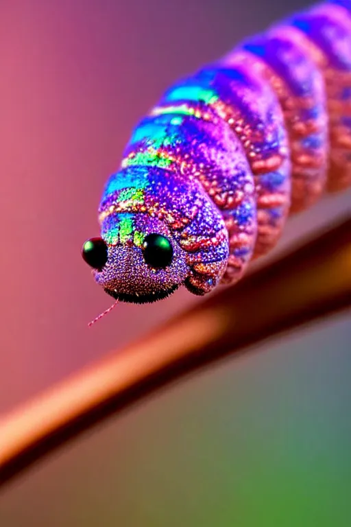 Image similar to high quality close-up photo iridescent caterpillar! gorgeous highly detailed david ligare elson peter cinematic pink lighting high quality low angle hd 8k sharp shallow depth of field