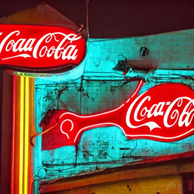 Prompt: kodachrome photograph, saturated photo, neon coca - cola sign on a rainy night