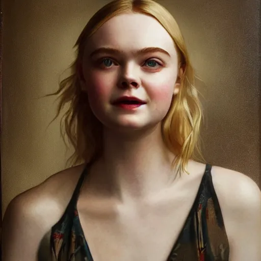 Image similar to Elle Fanning at a diner, head and shoulders portrait, stormy weather, extremely detailed masterpiece, Roger Deakin’s cinematography, oil on canvas, Johannes Vormeer,