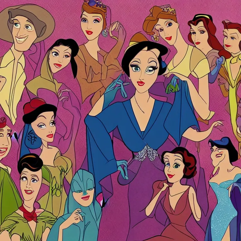 Image similar to Norma Desmond as a Disney Princess, in the style of a colorful Disney cartoon