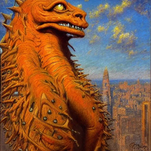 Image similar to monumental hyperrealism, post - impressionism by gaston bussiere. a beautiful drawing of a large, orange monster looming over a cityscape. the monster has several eyes & mouths, & its body is covered in spikes. it seems to be coming towards the viewer, who is looking up at it in fear.