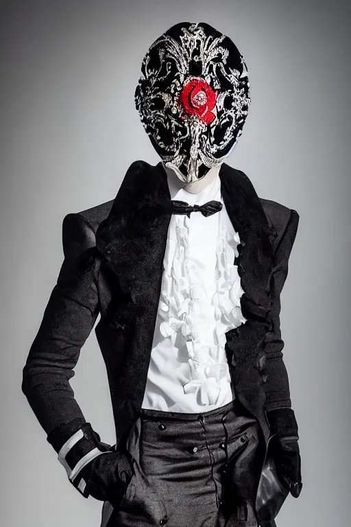 Prompt: portrait of a 2 1 st century fashion show featuring men's wear based in 1 7 5 0's england, fashion photography, elaborate lights. mask on face, accurate details, ultra hd, beautiful background