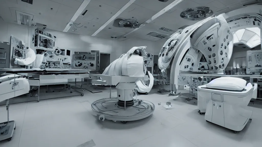 Image similar to a huge octo mri machine and control panels in the inspection room, film still from the movie directed by denis villeneuve with art direction by salvador dali, wide lens