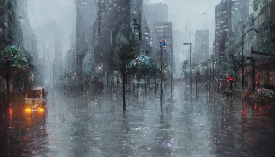 Image similar to city full of flowers, plant and trees, during heavy rain, artstation