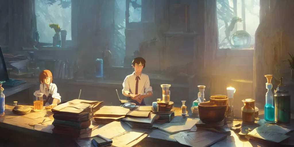 Image similar to a wizard with brown hair is standing at his desk working with jars of liquids, beakers of bubbling potions, coherent, medium shot, waist up, studio ghibli, pixar and disney animation, sharp, rendered in unreal engine 5, anime key art by greg rutkowski, bloom, dramatic lighting