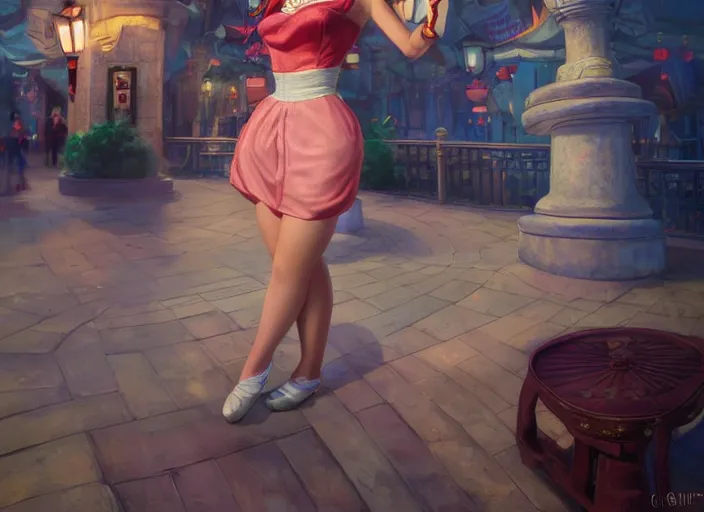 Prompt: beautiful bald chinese woman with pinup girl makeup at disneyland wearing mouse ears, night, epic cinematic hyperrealism masterpiece, realistic poster with shaded lighting by craig mallismo, artgerm, jeremy lipkin and michael garmash, unreal engine, radiant light, detailed and complex environment, octane photoreal 3 d render, art station trends