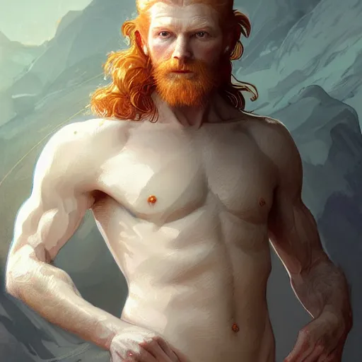 Image similar to beautiful natural middle aged male ginger god wearing a white perizoma, intricate, elegant, highly detailed, digital painting, artstation, concept art, smooth, sharp focus, illustration, art by artgerm and greg rutkowski and alphonse mucha and loish and WLOP