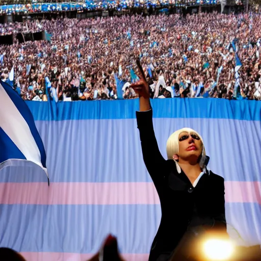 Image similar to Lady Gaga as president, Argentina presidential rally, Argentine flags behind, bokeh, giving a speech, detailed face, Argentina