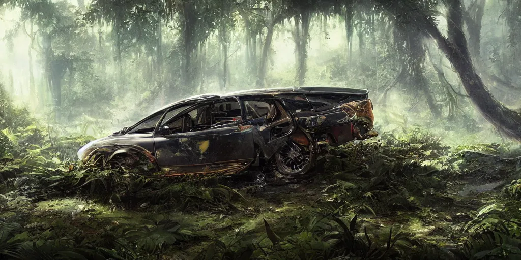 Prompt: Intricate detailed illustration, A crashed tesla being reclaimed by lush jungle, cinematic lighting, by Sparth and Greg Rutkowski, wide angle, volumetric light scattering, 8k, artstation, concept art,