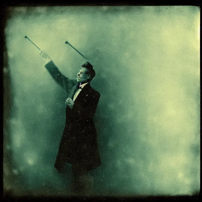 Image similar to orchestra, kodak portra 4 0 0, wetplate, muted colours, teal orange, 1 9 1 0 s style, motion blur, portrait photo of a backdrop, sparkling, stargazer, snow, fog, by georges melies and by britt marling