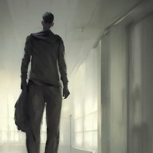 Image similar to concept art by greg rutkowski, a very tall and slender young man, dressed in patient clothes and an open sweatshirt, wandering through a desolate futuristic hospital, dimly lit, frightening, scifi, highly detailed portrait, digital painting, artstation, concept art, smooth, sharp foccus ilustration, artstation hq