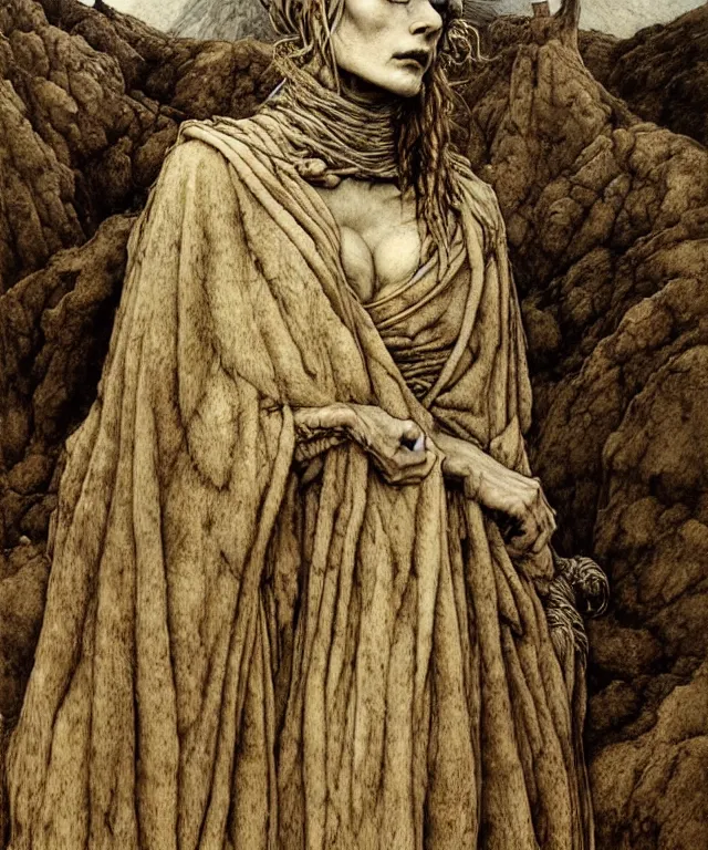 Image similar to A detailed horned lambwoman stands among the hills. Wearing a ripped mantle, robe. Perfect faces, extremely high details, realistic, fantasy art, solo, masterpiece, art by Zdzisław Beksiński, Arthur Rackham, Dariusz Zawadzki
