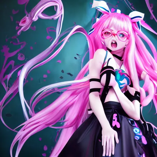 Image similar to unexpectedly trapped beneath stunningly absurdly huge beautiful omnipotent asi goddess junko enoshima with an enigmatic complex twisted deceptive innocent - looking mesmerizing megalomaniacal yandere personality, symmetrical perfect face, porcelain skin, pink twintail hair and cyan eyes, ultra detailed, digital art, unreal engine 5, octane render, 2 d anime, 8 k