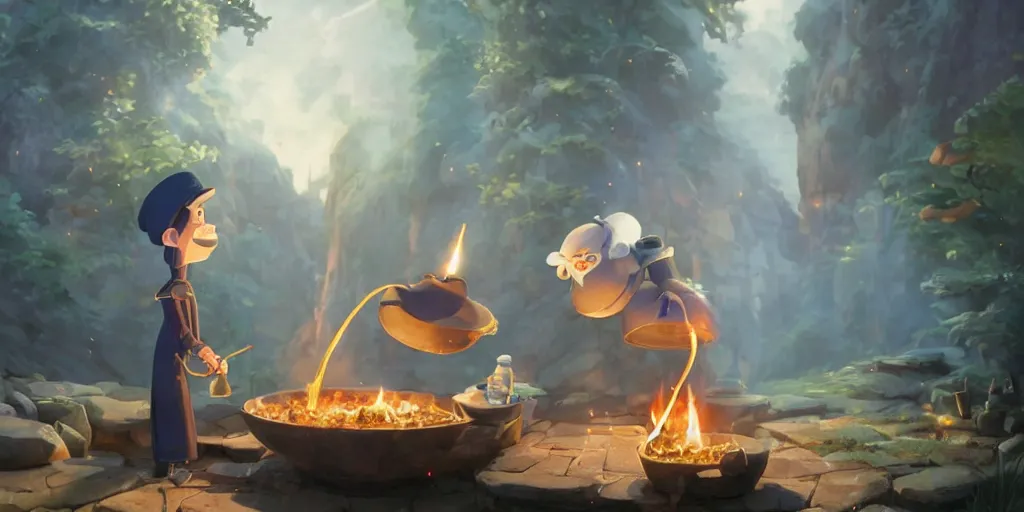 Image similar to a wholesome animation key shot of wizard with a hat coocking the magical brew that emmits sparklings in pot at fireplace, medium shot, waist up, studio ghibli, pixar and disney animation, sharp, rendered in unreal engine 5, anime key art by greg rutkowski, bloom, dramatic lighting