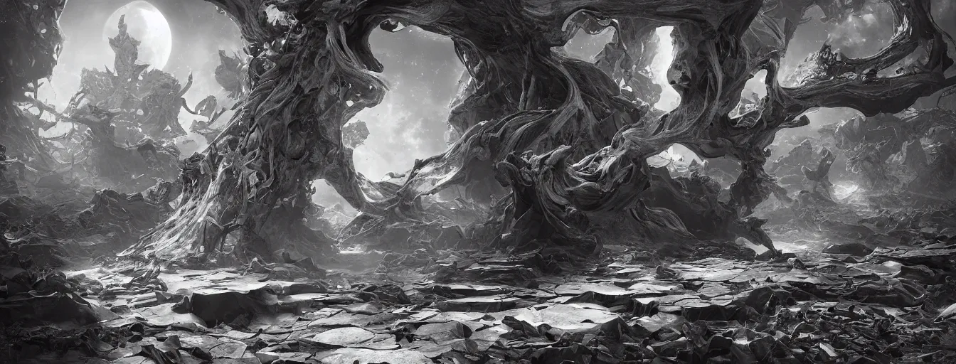 Image similar to imagination of duality, two main forces of whole universe, love and evil, plus and minus, black and white, zero and one, me and you, high detail, saturated colors, by james paick, render unreal engine - h 7 0 4