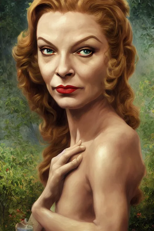 Image similar to A fantasy comic book style portrait painting of Lauren Bacall, hybrid, Susan Hayward, as an Atlantean Reptilian Warrior, François Boucher, Oil Painting, Mystical Valkyrie, unreal 5, DAZ, hyperrealistic, octane render, Regal, Refined, Detailed Digital Art, RPG portrait, William-Adolphe Bouguereau, Michael Cheval, Walt Disney (1937), Steampunk, dynamic lighting, Highly Detailed, Cinematic Lighting, Unreal Engine, 8k, HD