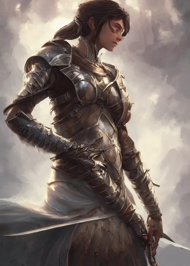 Prompt: a beautiful hyper realistic detailed epic concept art showing a noble knight women and her spirit raccoon above her, by artgerm, charlie bowater, in the style of dragon age, featured on artstation