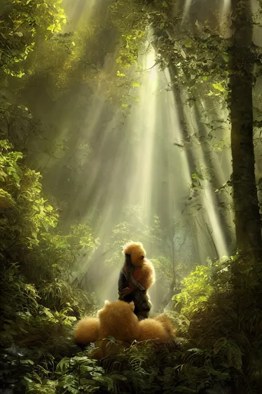 Image similar to mean fluffy teddybear protecting girl in a forest with rays of light coming through the canopy, masterpiece, dystopian, sci-fi, extremely detailed, digital painting, sculpted in zbrush, artstation, concept art, smooth, sharp focus, illustration, chiaroscuro lighting, golden ratio, incredible art, artgerm, greg rutkowski, alphonse mucha, simon stalenhag, carravaggio