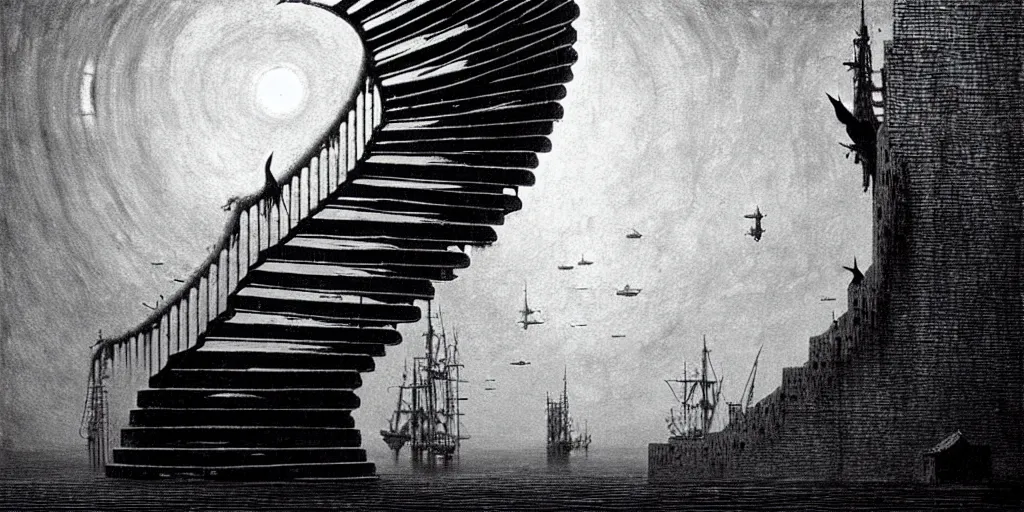 Image similar to big spiral stairways on old ship, inhabited on many levels, flying birds, by beksinski, shining light, strong perspective, clear geometry, architecture, Award winning. Masterpiece, detailed illustration